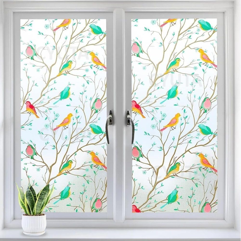 - Premium Vinyl Stained Window Glass Sticker (16x36 Inch) - Self-Adhesive Decorative Film Tint Wallpaper Opaque Sheet for Glass Privacy Cover Window, Door, Office, Home.| Anti-UV. Chirping Birds