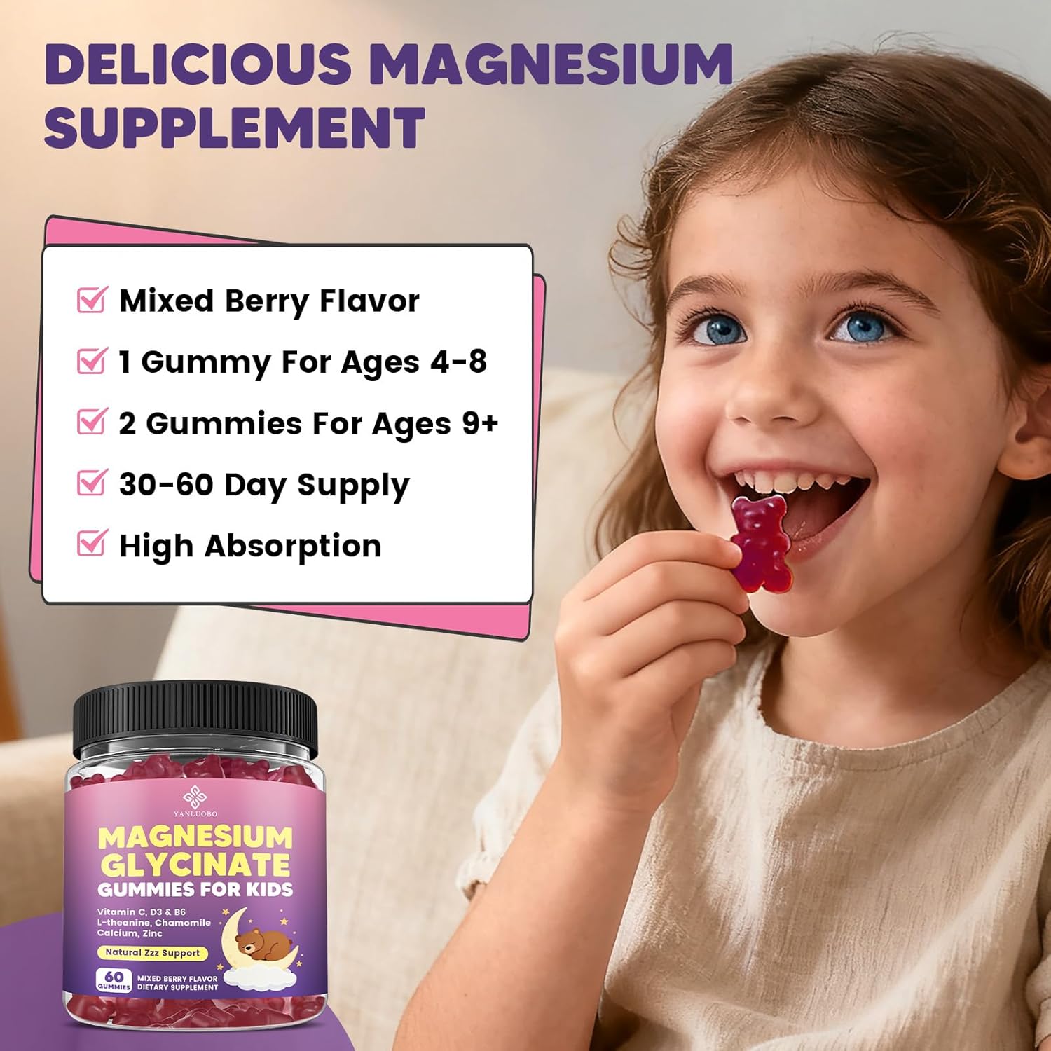 Kids Magnesium Gummies, Magnesium Glycinate Gummies 400mg/200mg with L-Theanine, Chamomile, Vitamin B6, D3 for Kids, Relaxation & Zzz Support, Nerve Bone - Sugar Free Mixed Berry Flavor 60ct - Image 7
