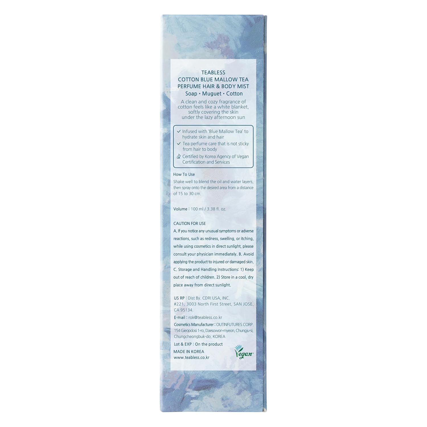 TEABLESS Cotton Blue Mallow Tea Perfume Hair & Body Mist, Hair and Body Perfume Spray for Dry Skin, Moisture Balance, Soothing, Nourishing, Long-Lasting Fragrance