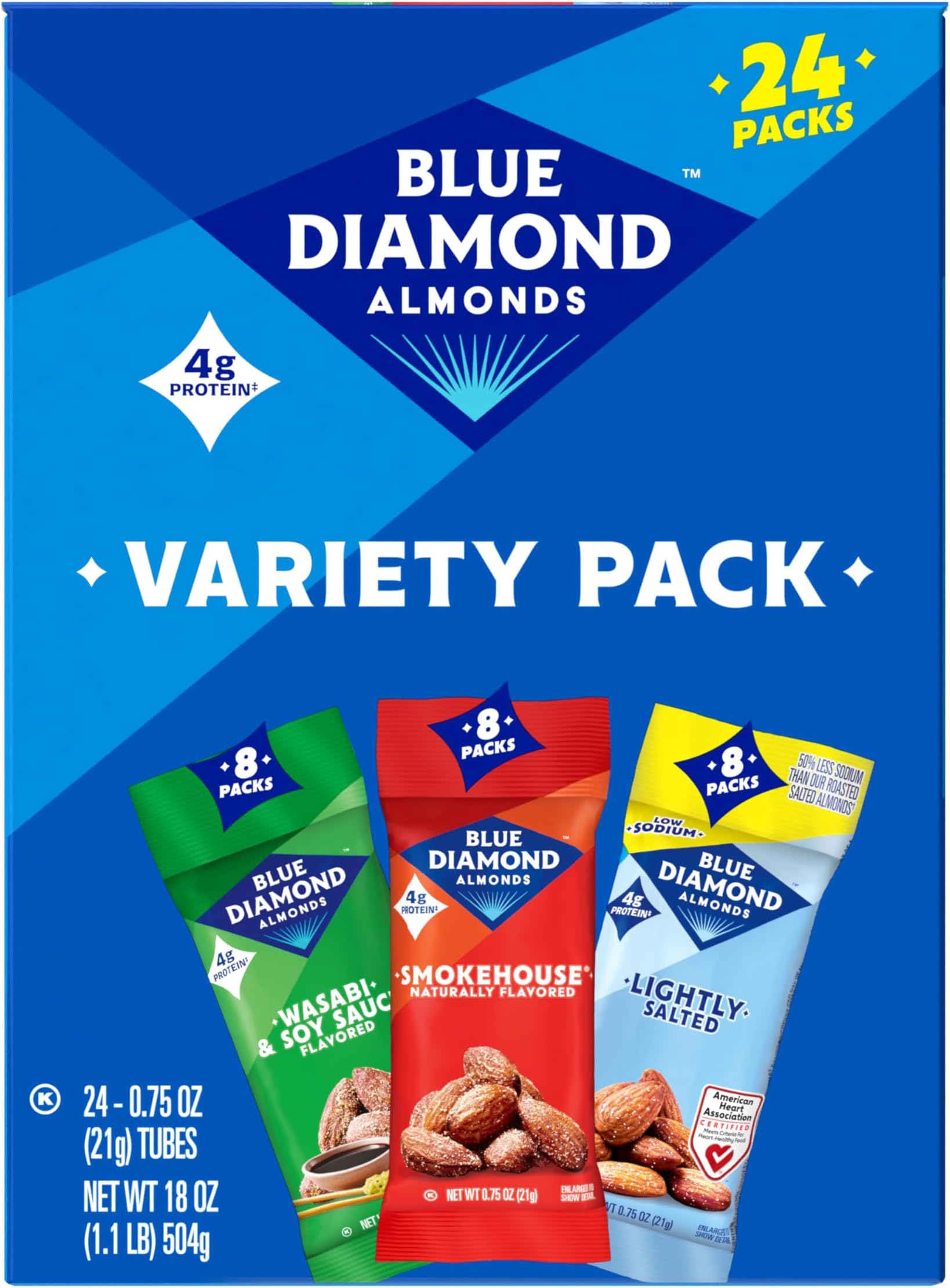 Blue Diamond Almonds Snack Nut Variety Pack for Kids, Office, School, On-the-go, 0.75 oz Gluten Free Individual Packs, Wasabi & Soy Sauce, Lightly Salted, and Smokehouse (Pack of 1,24 Count Total)