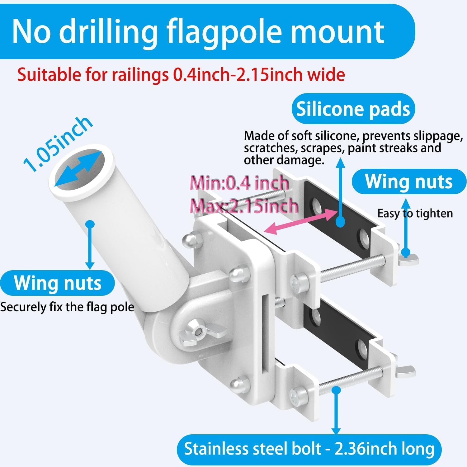 No Driling Flag Pole Holder for Railing,Flag Pole Mount for Porch & Fence Rail, Apartment Balcony,Square Railing-Two Installation Methods-with Silicone Pads,for 1” flagpole (White)