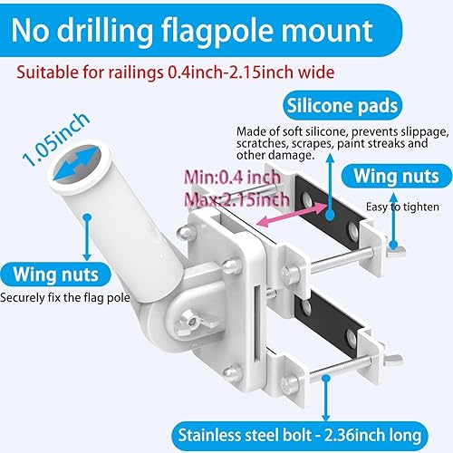 Miniatura 5 de BUJ Soporte para mástil de bandera sin perforar para barandilla, soporte de poste de bandera para porche y riel de cerca, balcón de apartamento,