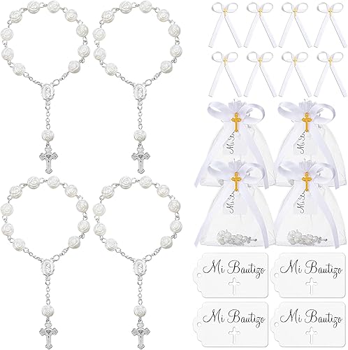 Cunno Juego de 50 regalos de fiesta de rosario para niños, rosario, cruz, con cuentas, lazos cruzados con etiquetas, bolsas de organza para primera