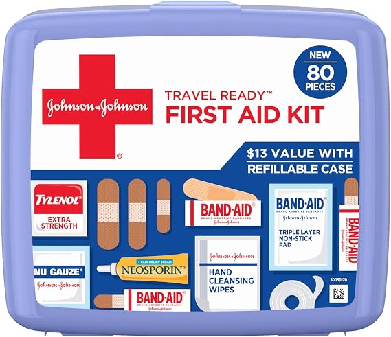 BAND-AID Brand Travel Ready Portable First Aid Kit, 80 Piece | Emergency Essentials for Minor Wound Care, Bandages, Neosporin & Tylenol, Perfect for Home, Car, Camping, Outdoors & Travel