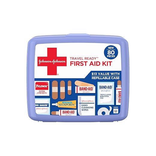 Band-Aid Travel Ready Portable Emergency First Aid Kit for Minor Wound Care with Assorted Adhesive Bandages, Gauze Pads & More, Ideal for Travel, Car & On-The-Go, 80 pc