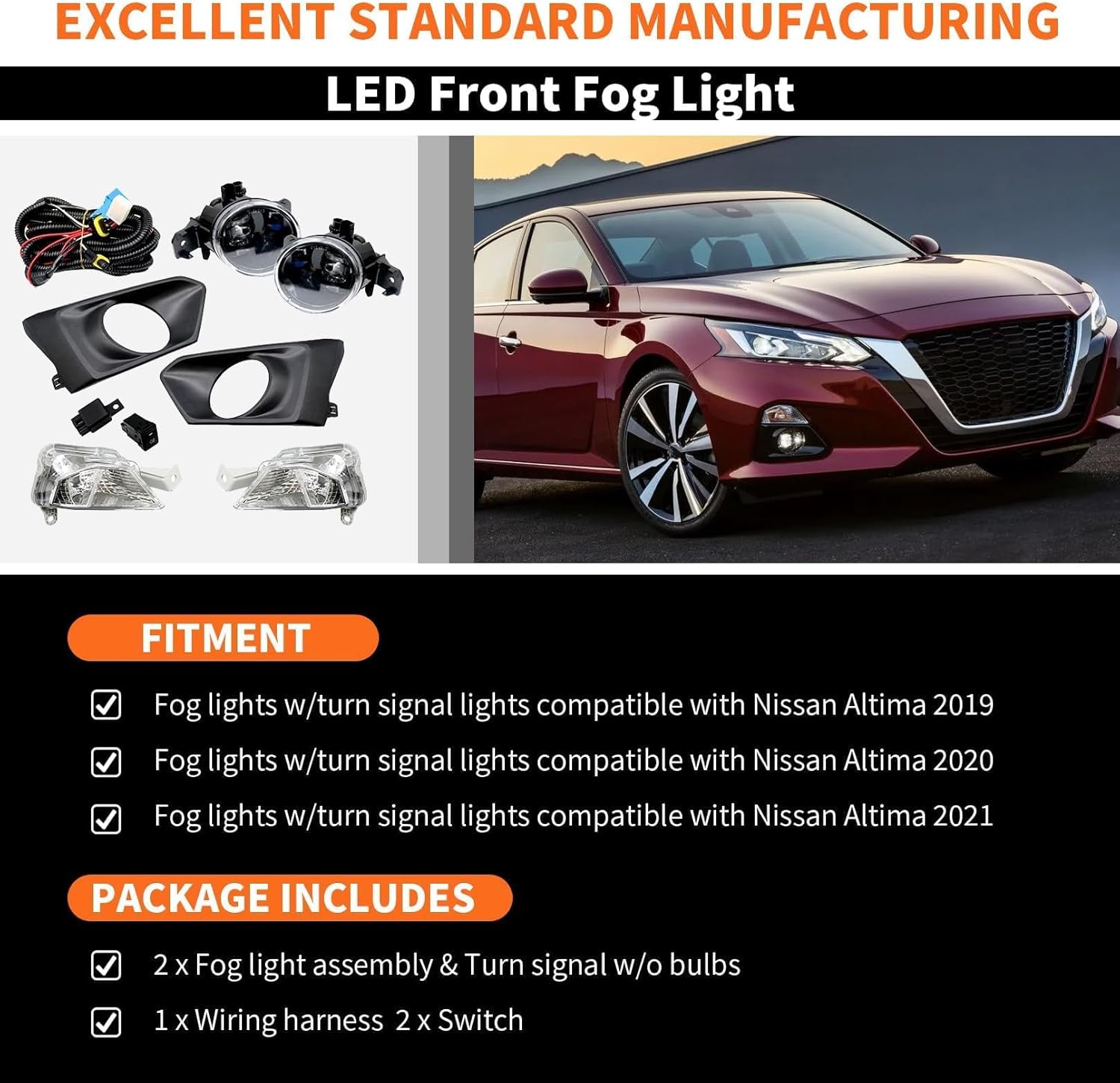 Bumper Fog Lights Assembly Compatible with Altima 2019 2020 2021 Left & Right Fog Lamp w/Turn Signal Lights + Wiring Harness + Switch NI2530121/NI2531121/26135-6CA0A