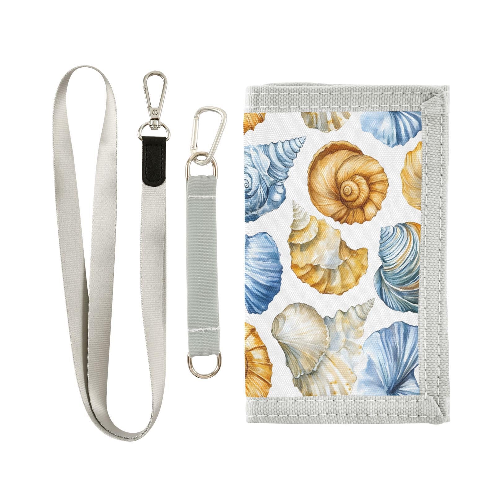 FOLIOSA Kids Wallet for Boys Girls Watercolor Seashells Print Youth Wallet with Zipper Pocket Card Holders, Novelty Wallet 4.9×2.9 in