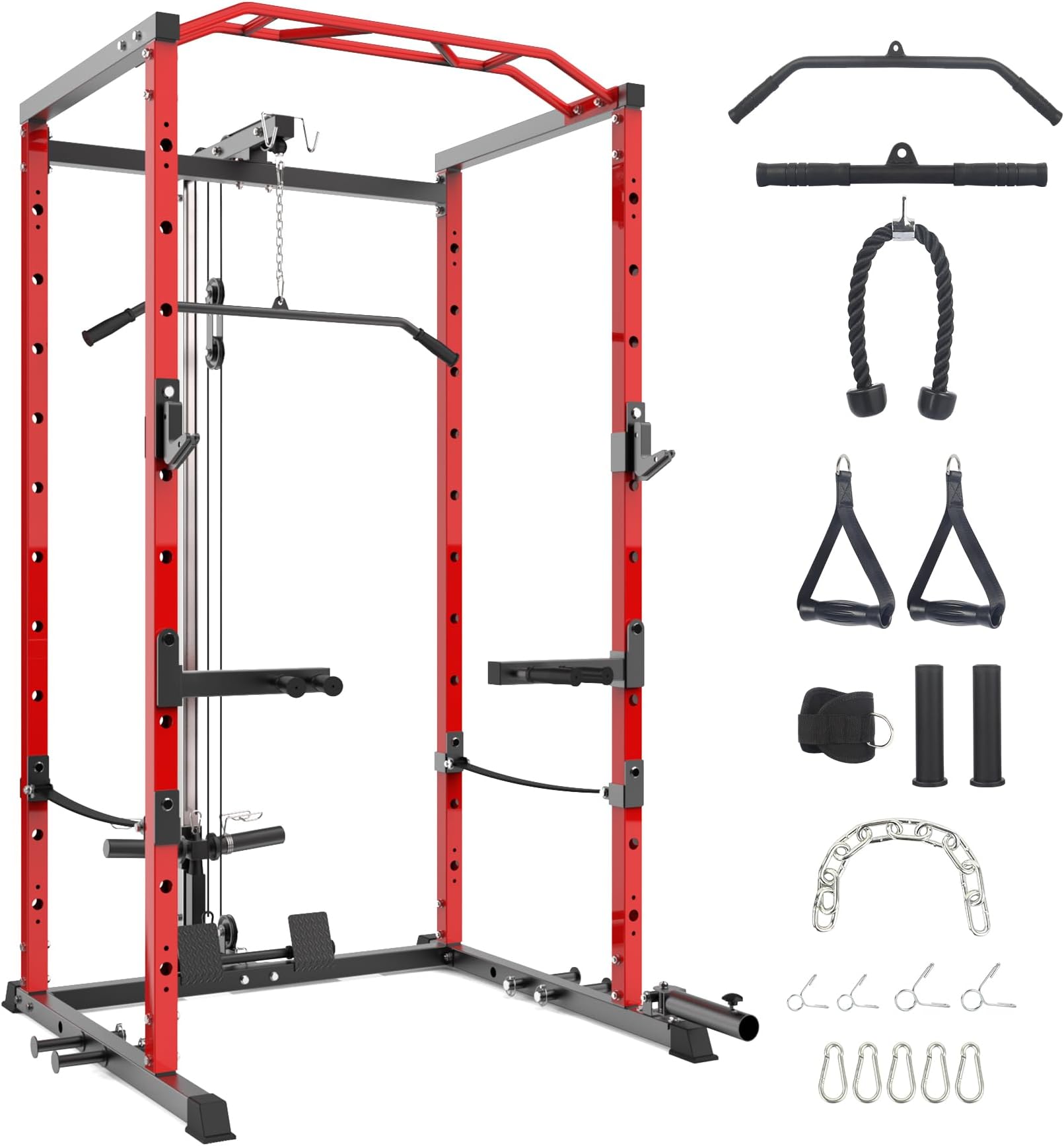 GarveeLife Power Cage, Multi-Function Squat Rack with LAT Pulldown, 1600 LBS Weight Capacity Fitness Power Rack with Cable Pulley System and j-Hooks, Dip Bars and Landmine Attachment for Home Gym