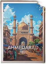 Ahmedabad Travel Poster Wall Art Print featuring Jama Masjid and bustling street scene in Gujarat, India for modern home decor and travel lovers