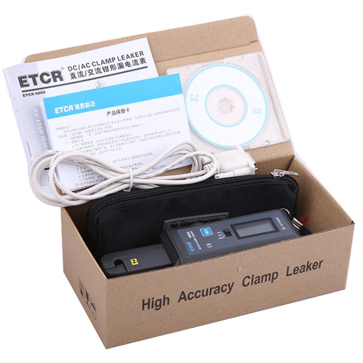 Pinza amperimétrica, Clamp Amperímetro DC/AC Medición de corriente de fuga. Rango de flujo eléctrico DC/AC 0mA a 60.0A, diámetro de tamaño de mordaza 7 mm con interfaz RS232 Función de carga de da