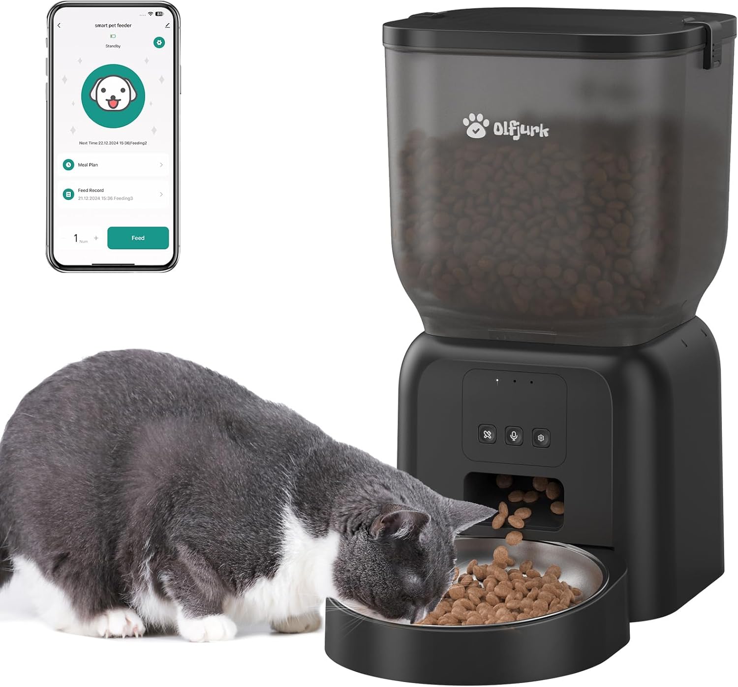 Olfjurk Automatic Pet Feeder with a cat eating from the bowl and a smartphone displaying the app interface.