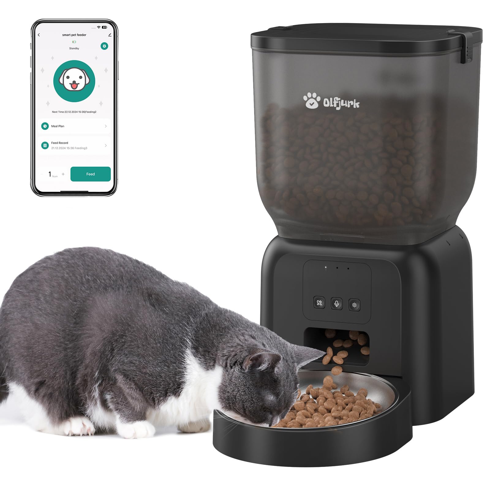 Remote Controlled Automatic Dog & Cat Feeder, APP Controlled,with Freshness Preservation, Timed Cat Feeder with Stainless Steel Bowl. 4L Capacity Up to 6 Meals Per Day and 1-15 Portion for Cats & Dog