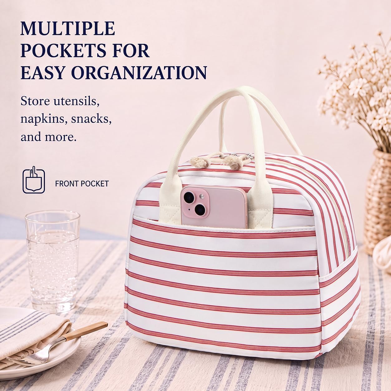 LOVELYWIND Lunch Box for Women, Insulated Lunch Bag, Pink Stripe Tote image 5
