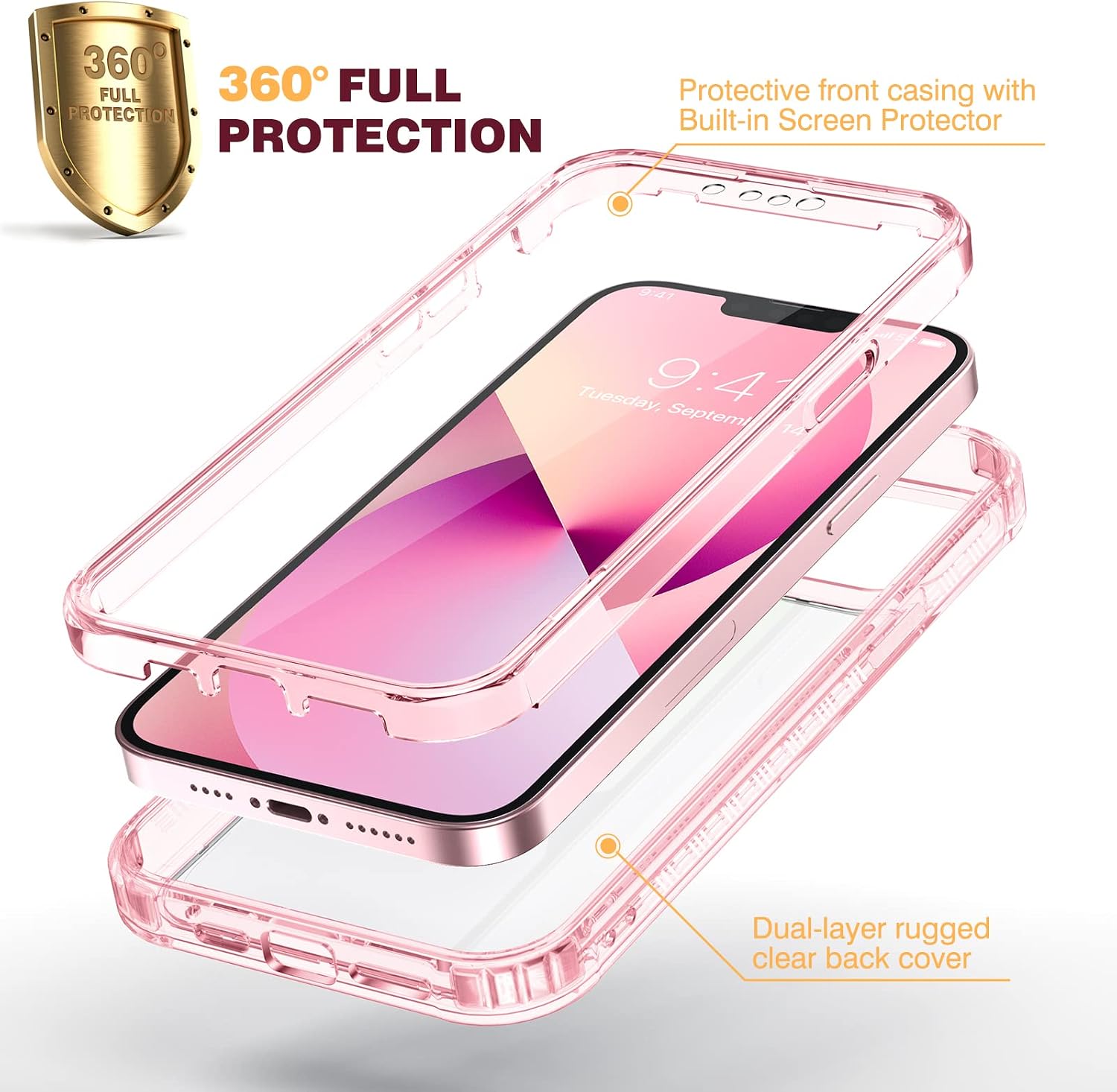 diaclara designed for iphone 13 case, full body rugged with built-in touch sensitive anti-scratch screen protector, soft tpu bumper case for iphone 13 6.1" (clear pink) clear pink iphone 13