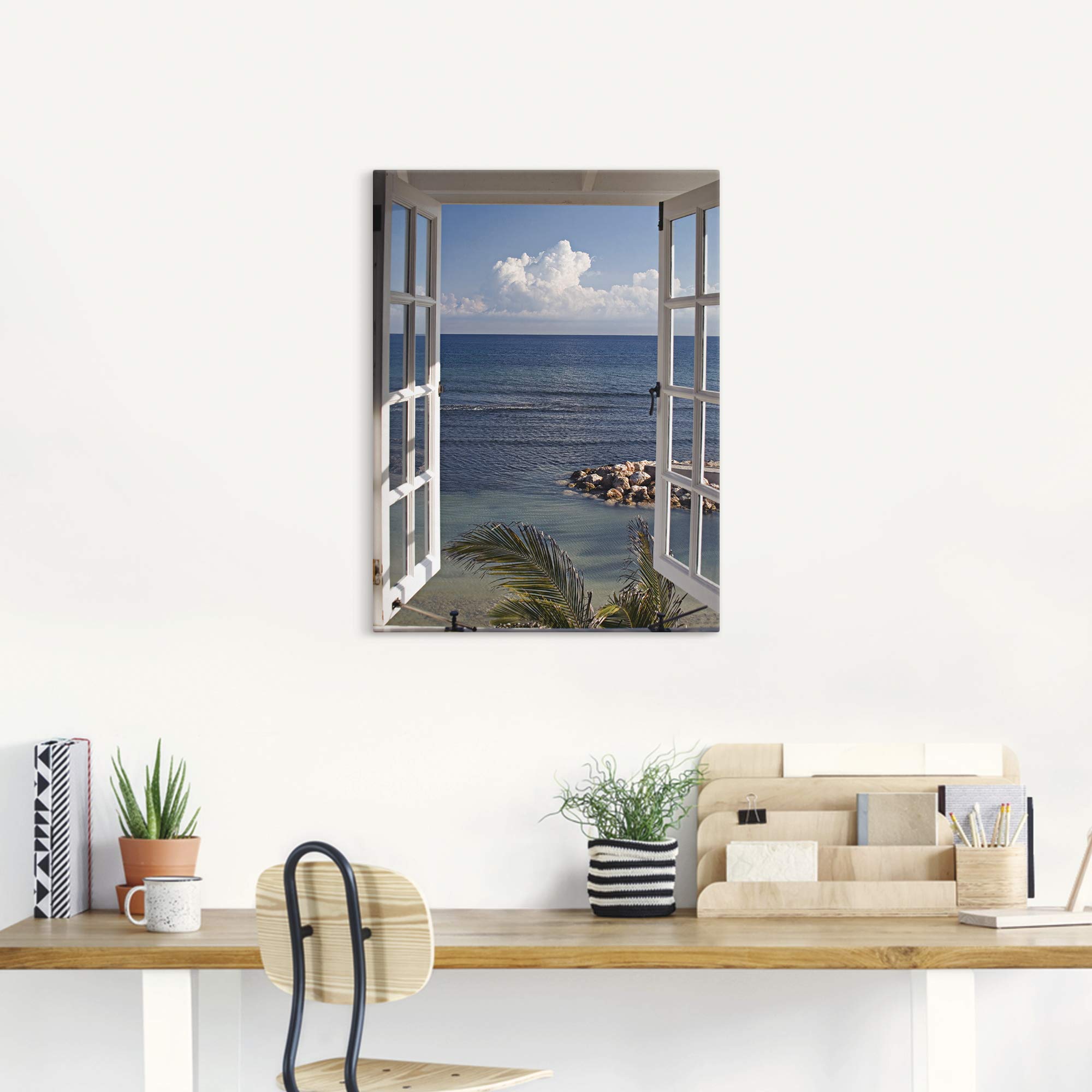 ARTLAND Wanddeko Leinwand Bilder Wandbild 60x80 cm Fensterblick Fenster zum Paradies Strand Meer Maritim Palmen Landschaft T9II