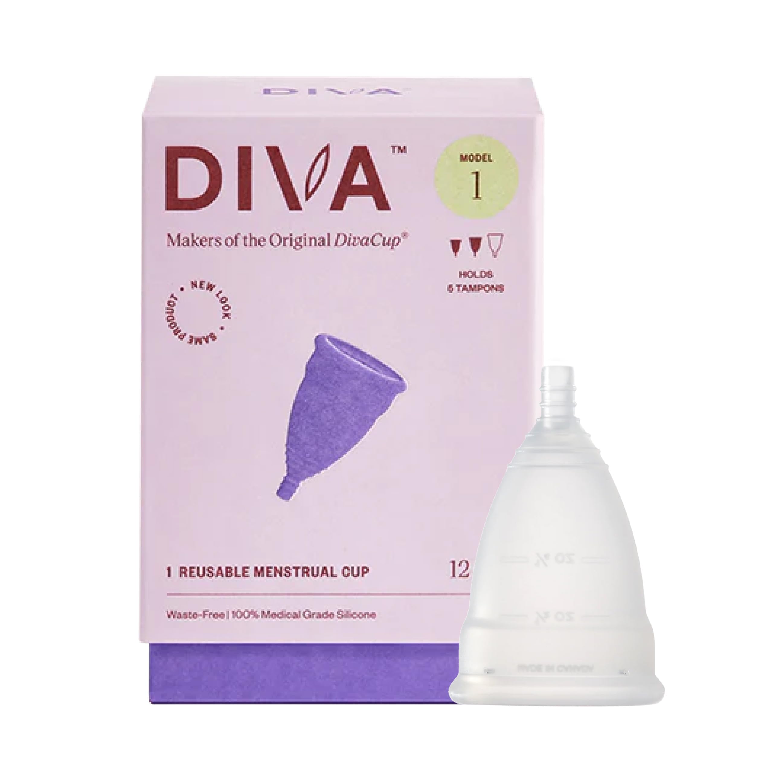 DivaCup Diva Cup & Pin - Medical Grade Silicone Cup for Period Care - Reusable Menstrual Cup - Up to 12 Hours of Continuous Wear - Model 1 (for Medium to Heavy Flow) - with Enamel Pin