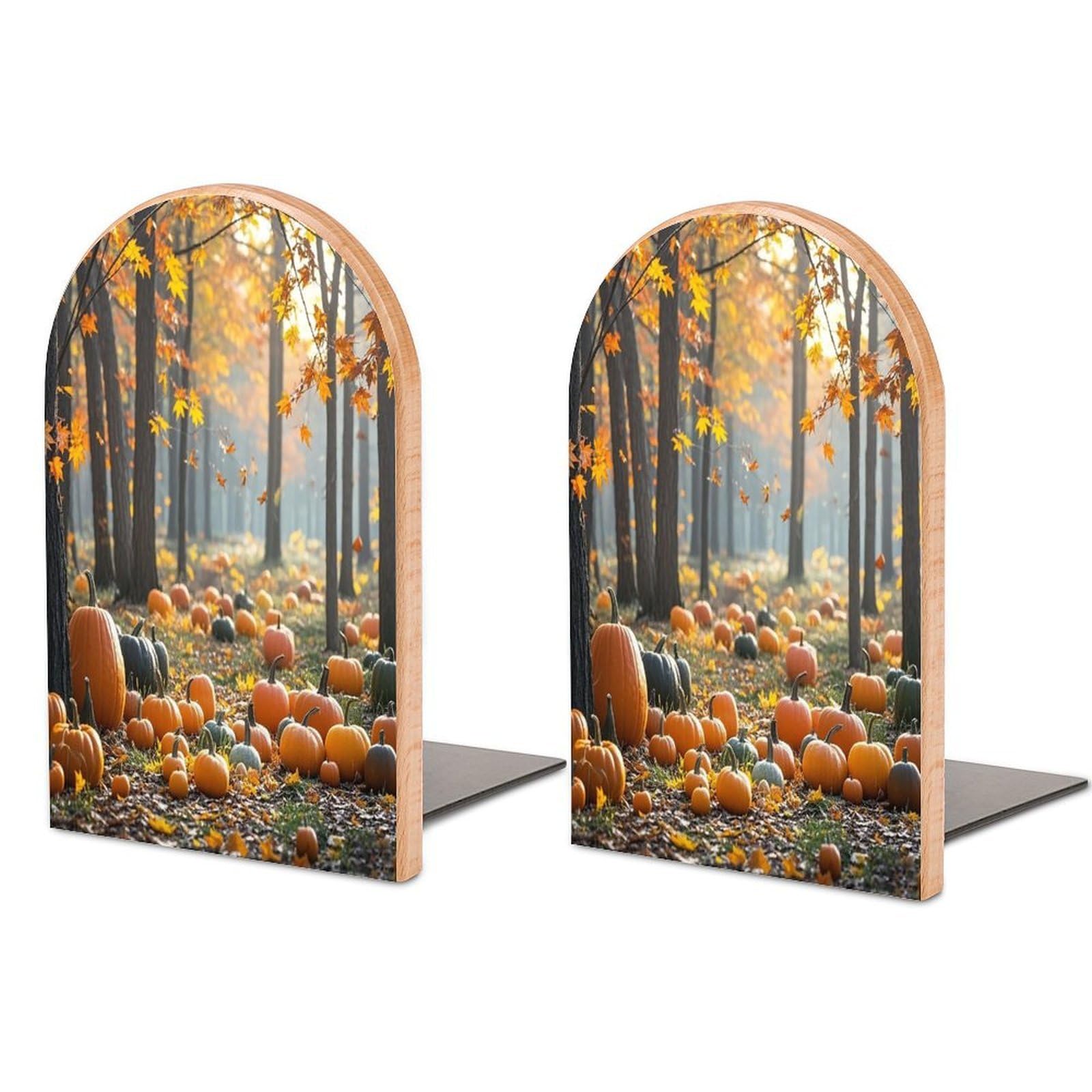 Orange Pumpkin and Maple Grove Bookend for Shelves Unique Book End Sturdy Books Holder Heavy Duty Wooden Bookends Support Non-Slip Book Organizers Decorative Modern Bookend Holder for Home