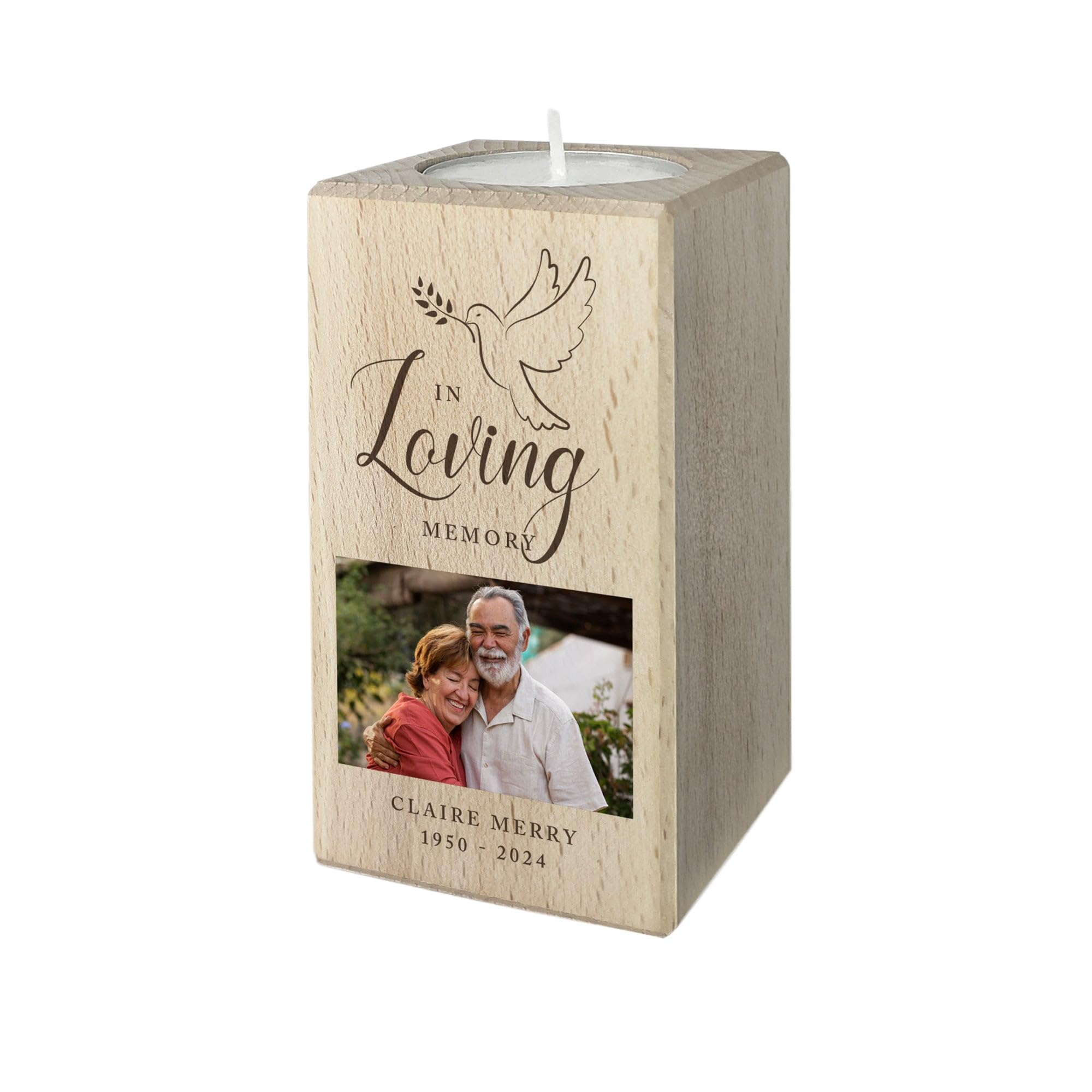 The Lovely Keepsake Company Light Personalised Memorial Dove Wooden Photo Tea Holder - Custom Message | Sympathy Gift, Remembrance | 10Cm H X 5.5Cm W X 5.5Cm D