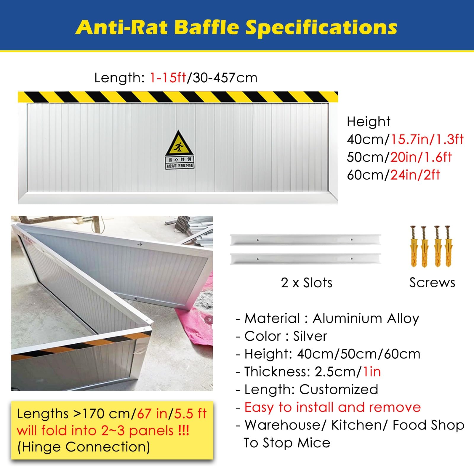 Door Blocker for Keep Mice Out 16 20 24 In High, Garage Doors Rodent Guard Wide 1 3 5 7 9 11 13 15 ft, Metal Rats Panel Stops Mouse Shield for Warehouse/ Kitchen/ Food Shop(H 40cm/16in,L 10ft/305cm)