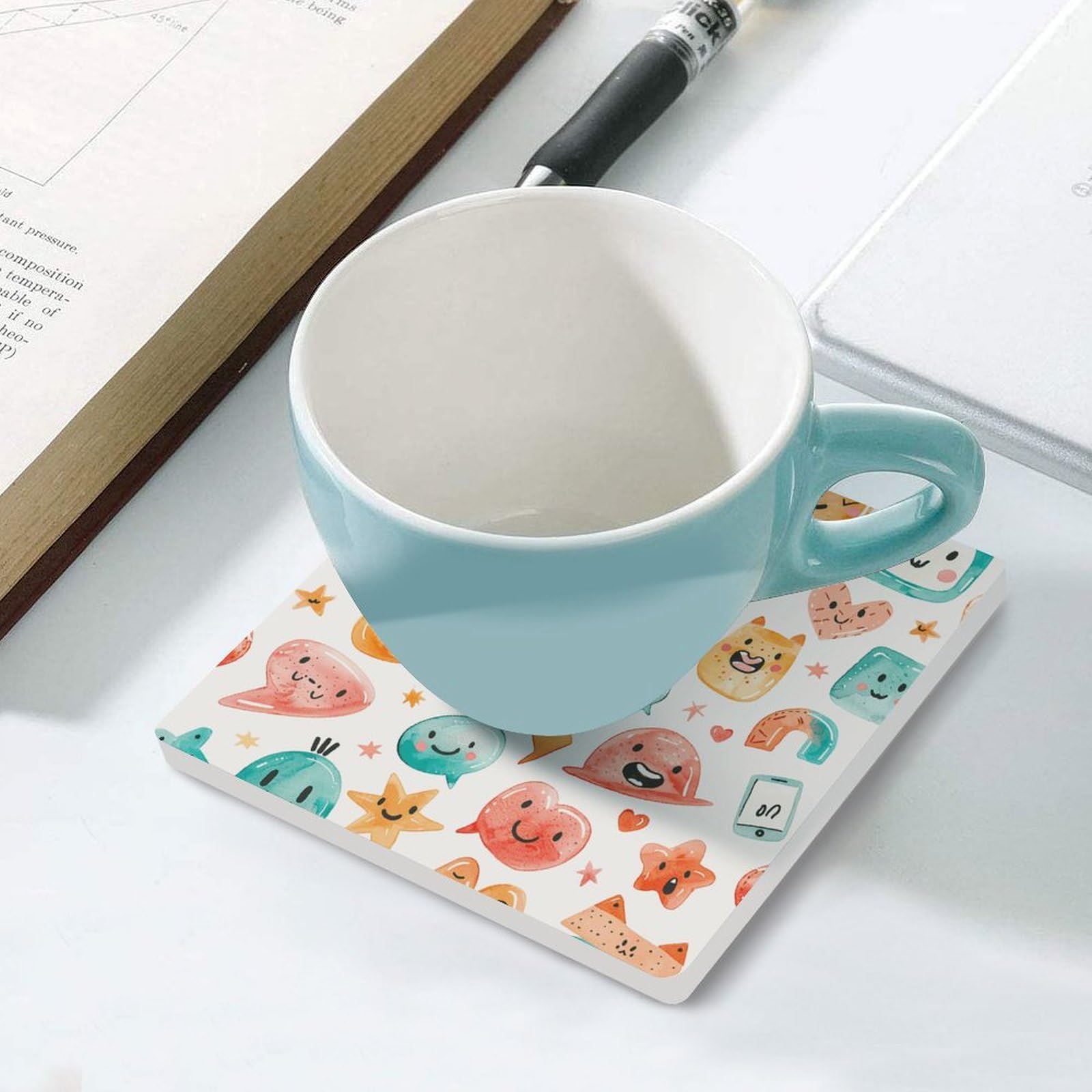 4 posavasos cuadrados de cerámica para bebidas, burbujas de discurso y símbolos, posavasos impresos para el hogar y el café, regalos de cumpleaños, adecuados para tipos de tazas