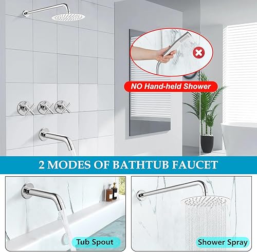 Miniatura 4 de Midanya Grifo de ducha de 3 manijas con boquilla de bañera, juego de grifo de ducha de lluvia de 8 pulgadas y válvula áspera para montaje en pared,