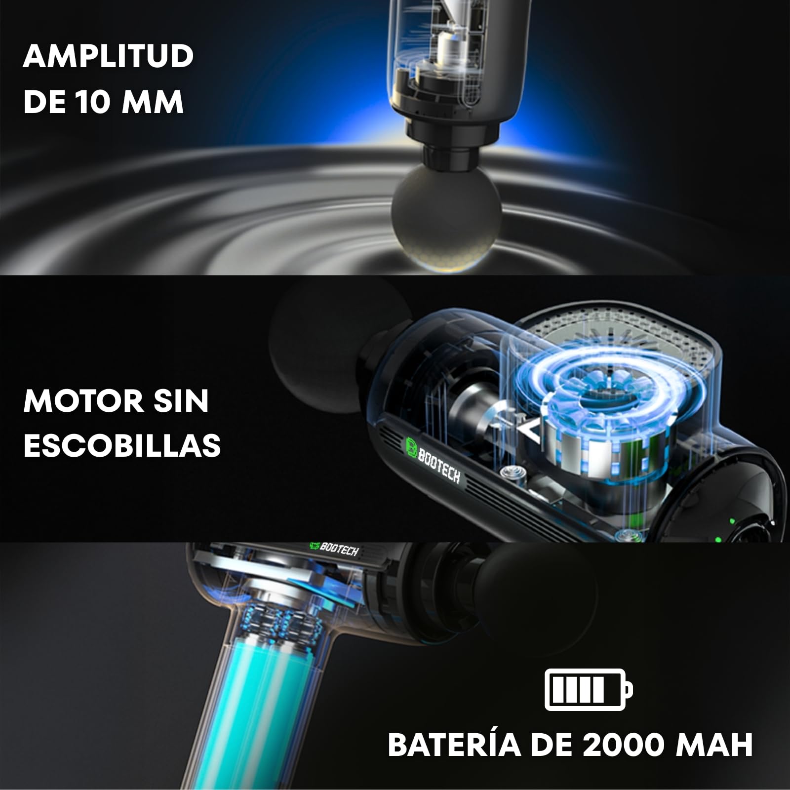 BOOTECH Pistola de Masaje Muscular, Masajeador Profesional de Tejido Profundo con 10 mm de Amplitud, Massage Gun Silencioso con 5 Cabezales& 5 Velocidades para Recuperación Deportiva, Alivio Dolor
