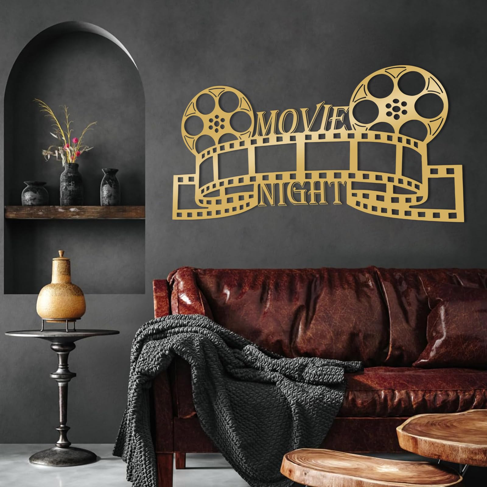 Metalowa czarna sztuka ścienna do kina, metalowa noc filmowa, dekoracja ścienna dla miłośników kina, nowoczesna rzeźba do salonu, sypialni, korytarza i schodów, wystrój domu w stylu natura