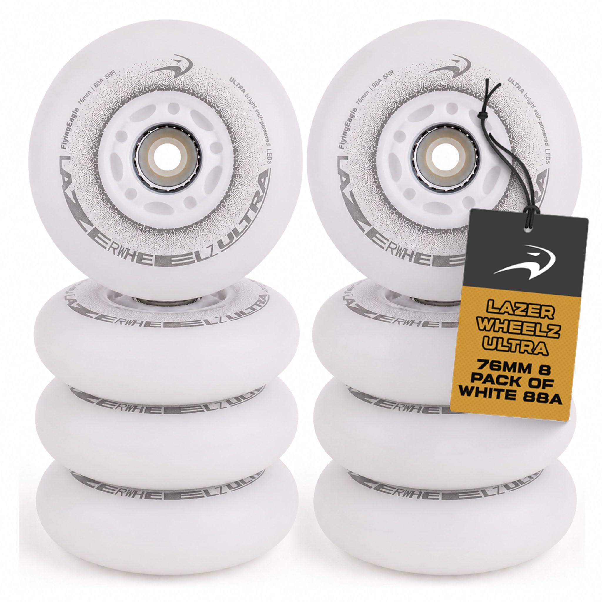 Flying Eagle LazerWheelz Ultra - Light Up Inline Skate Wheels Indoor/Outdoor, 76mm 8 Pack of White 88A Hardness LED Lights for Roller Skate Wheels Replacement, Adult Inline Accessories