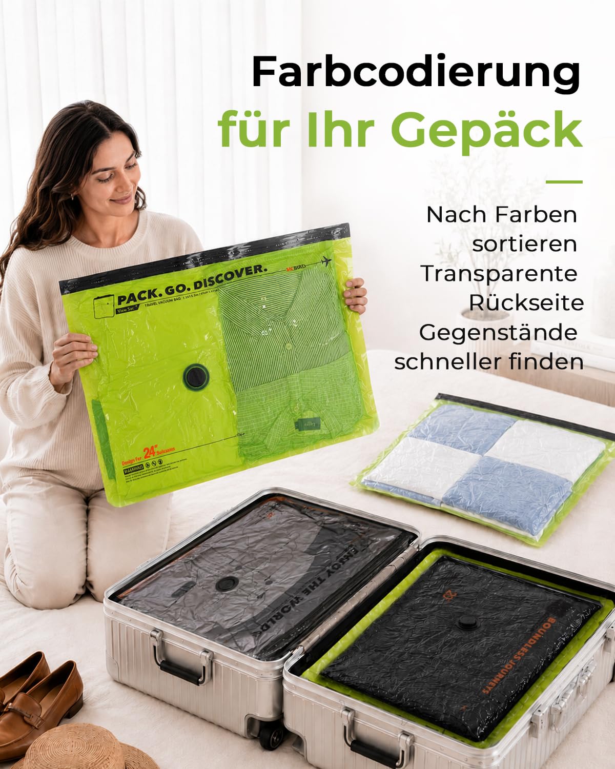 Vacbird 20 Stück Vakuumbeutel für Kleidung mit kabelloser Vakuumpumpe, 8 x 40x54cm, 8 x 47x64cm, 4 x 47x64x12cm, platzsparende Vakuumierbeutel für Kleidung – ideal für Reisen und Kofferorganisation