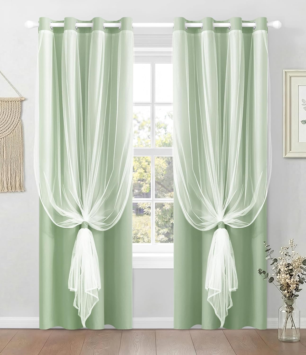 100% Blackout Curtains with Sheer Overlay, 2 Panels Thermal Insulated Double Layer Grommet Drapes for Bedroom Living Room Darkening Apartment Windows Decor, 52" W x 84" L, Sage Green