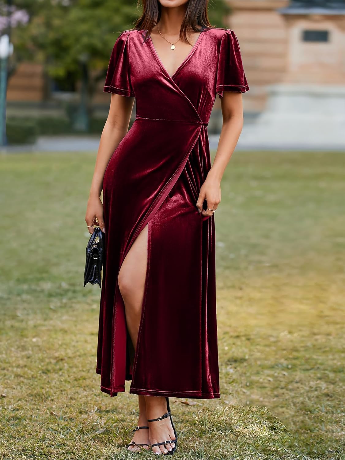 BerryGo Women's Velvet V Neck Wrap Fall Maxi Dress Formal Bell Sleeve Bridesmaid Cocktail Party Long Dresses - Image 4