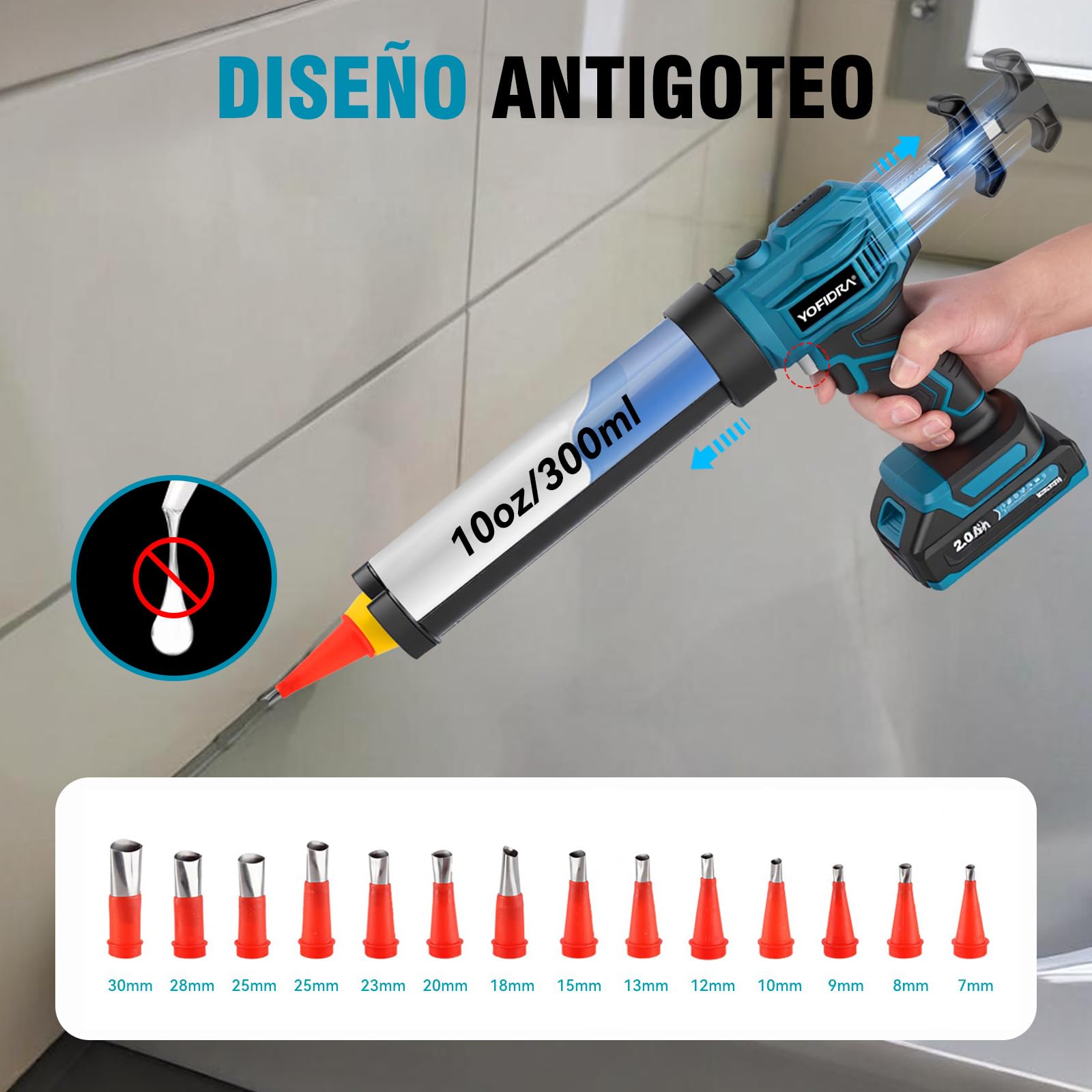 Yofidra Pistola de Cartuchos Eléctrica, Batería 2 x 2.0Ah, 4 Velocidades, Iluminación LED, Pistola para Cartuchos de Silicona, Pistola para Cartuchos de 300ml, Sello, Masillado, Sin Fugas | Iluminación LED, pistola de silicona para cartuchos de 300 ml, pa