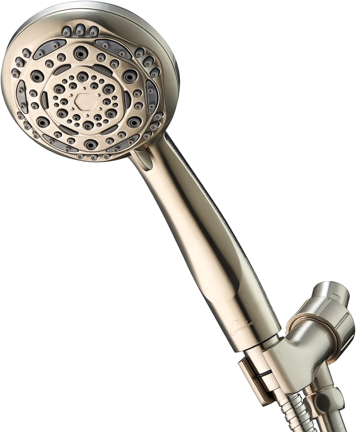 Handheld Shower Head, 7-Function High Pressure Shower Head with Brass Swivel Ball Bracket and Extra Long Stainless Steel Hose, Brushed Nickel, 4"
