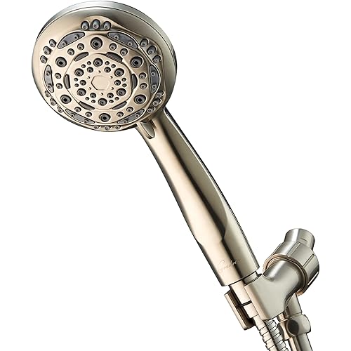 Handheld Shower Head, 7-Function High Pressure Shower Head with Brass Swivel Ball Bracket and Extra Long Stainless Steel Hose, Brushed Nickel, 4"