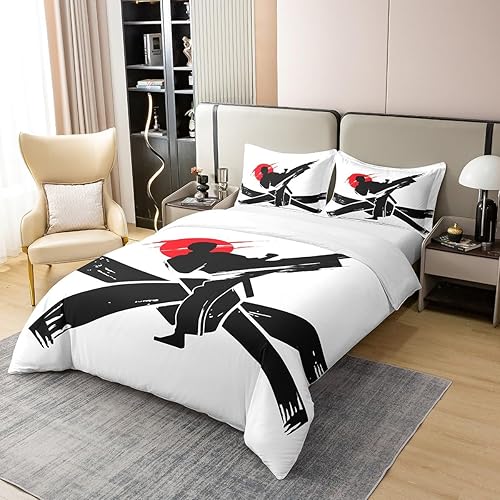 Miniatura 3 de Funda de edredón con temática de taekwondo, 100% algodón natural, tamaño Queen, silueta abstracta de atleta geométrica, cinturón negro, funda de