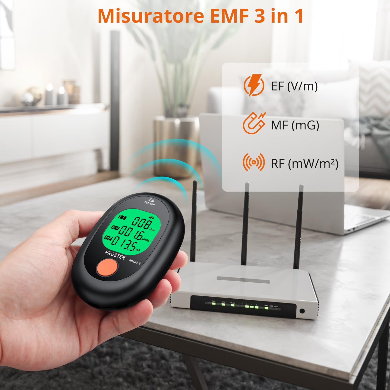 Proster Mini Misuratore EMF 3 in 1 Portatile Rilevatore Digitale di Radiazioni per Campi Elettromagnetici EF RF MF Torri Cellulari 5G Rilevatore di Segnale WiFi per Ispezioni EMF in Casa Ufficio