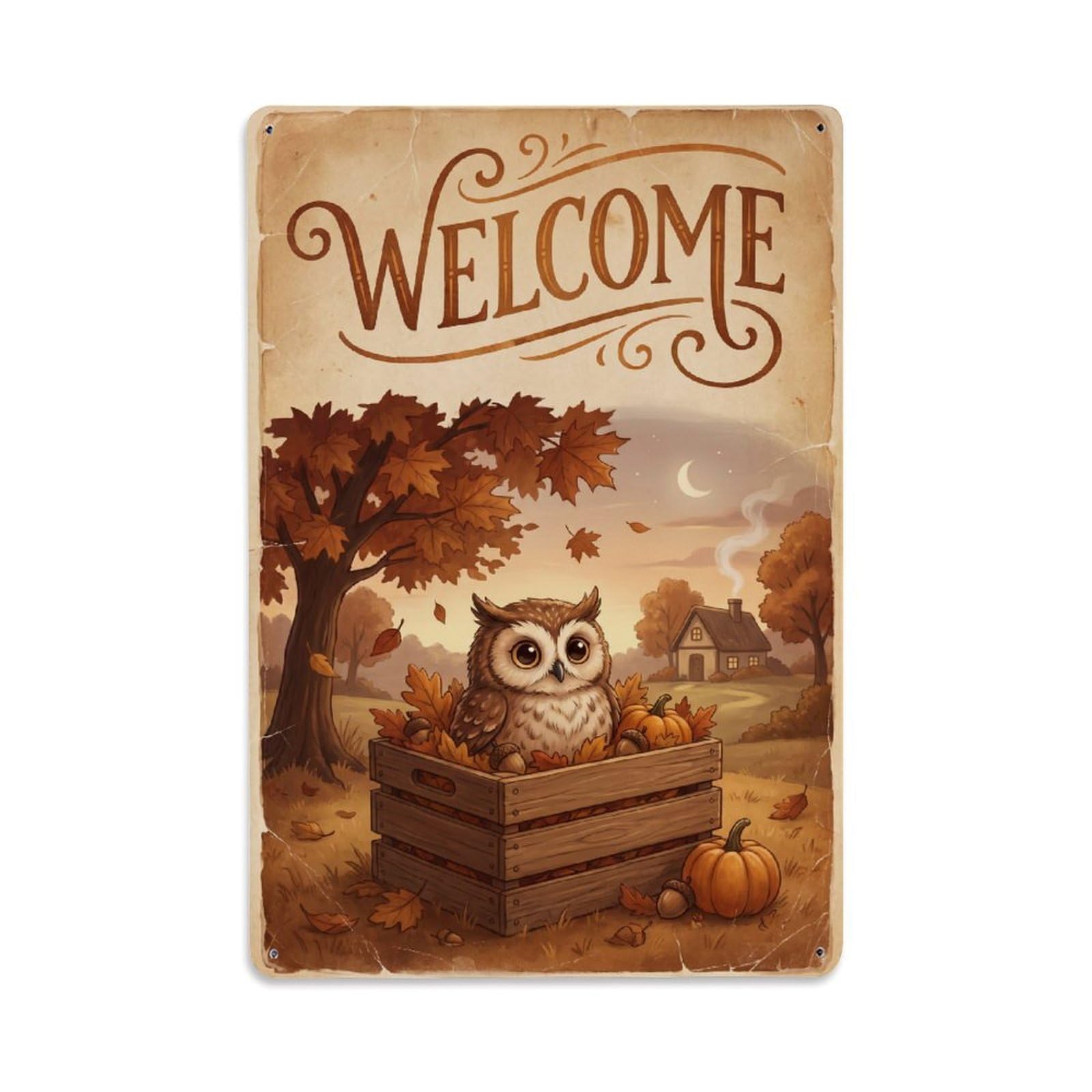 Cxhjca 8X12inch(20X30cm) Vintage Welcome Owl Harvest Season Metal Tin Sign