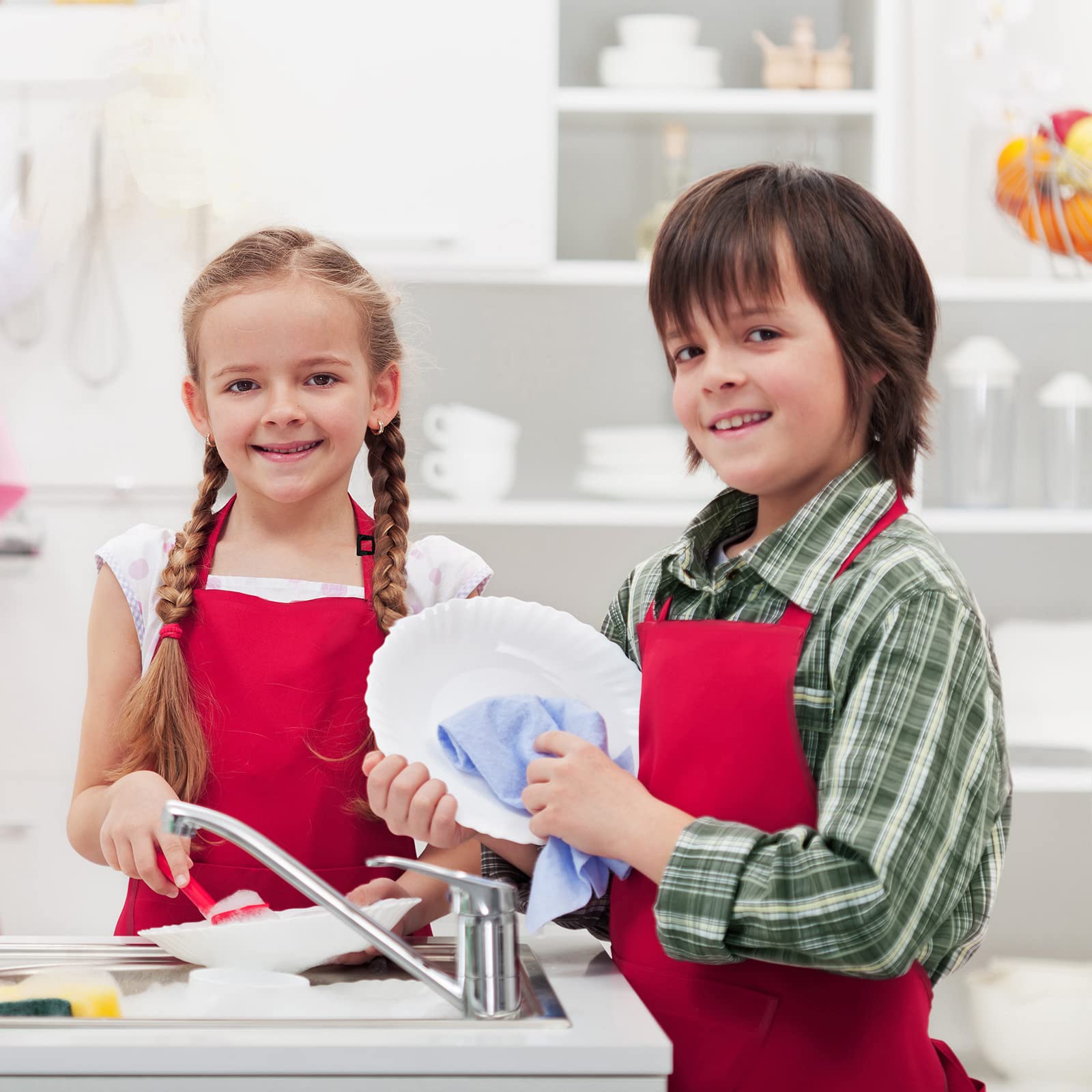 XIEJINJIA 16 Pack Kids Waterproof Apron with Pockets Adjustable Children Aprons Chef Artists Child Kitchen Cooking Baking Painting Craft (Red) - Image 3