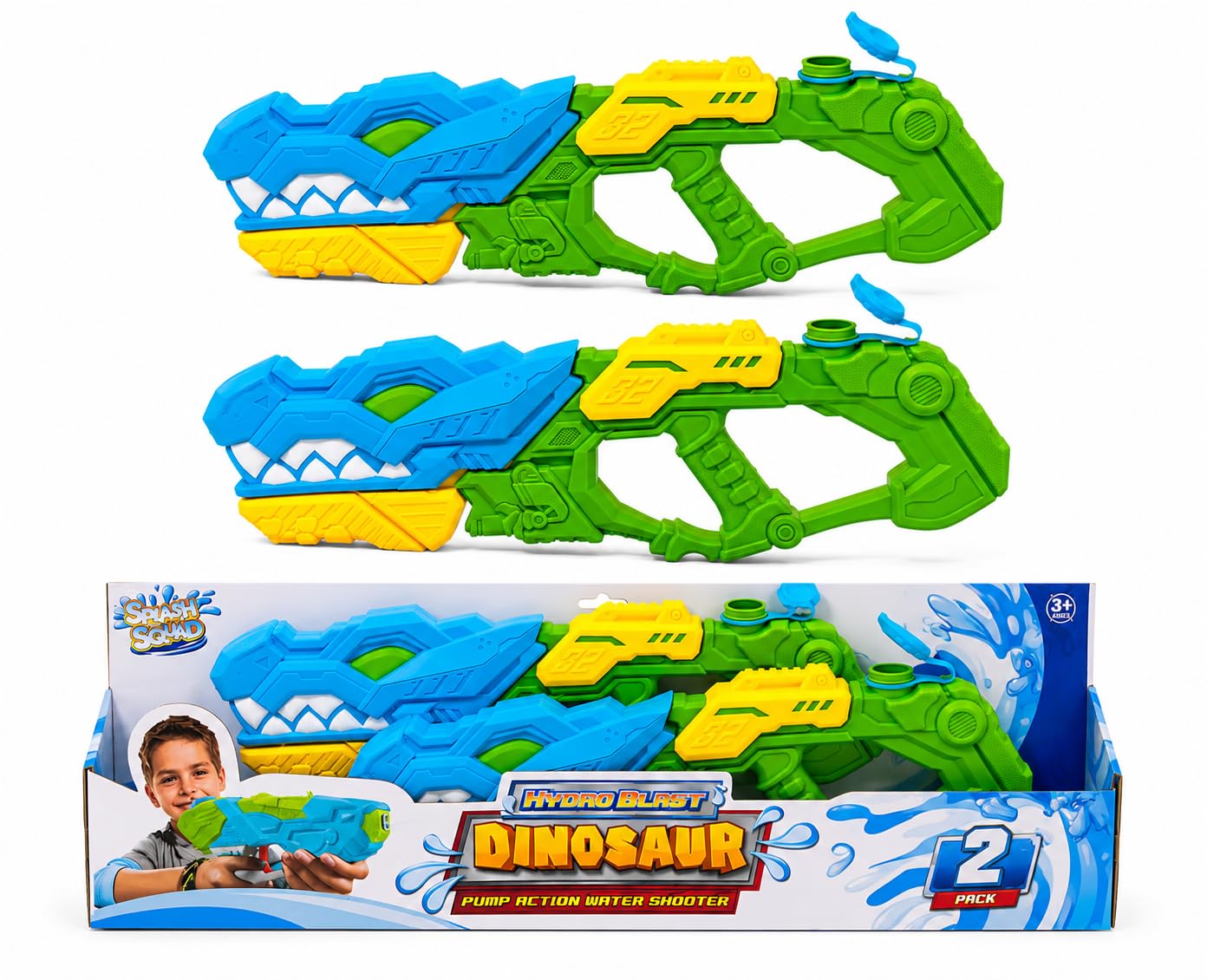 2Pcs Jumbo Splash Squad Hydro Blast T-Rex Dinosaur Pump Action Water Guns 1000ml Tank 9-10m Range Large Water Blasters Water Pistols for Kids Summer Toys - 51cm