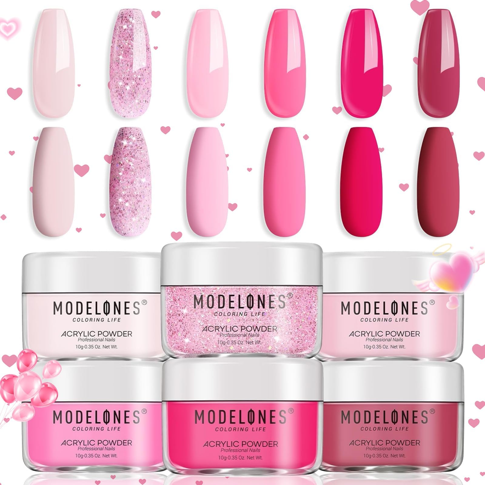 Pink Acrylic Powder 6 Colors Acrylic Nail Powder Kit Neon Glitter Summer Acrylic Nail Powder Valentines Day Gifts Acrylic Cover Powder for Nail Art Extension No Nail Lamp Needed