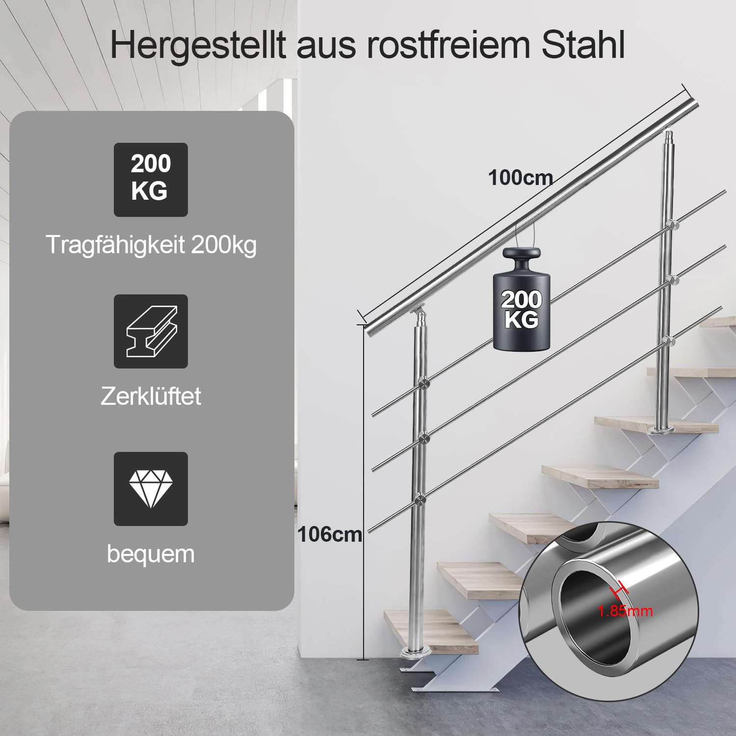 100 cm, ringhiera per scale in acciaio inox con 3 barre trasversali, corrimano regolabile ad angolo, ringhiera per interni ed esterni