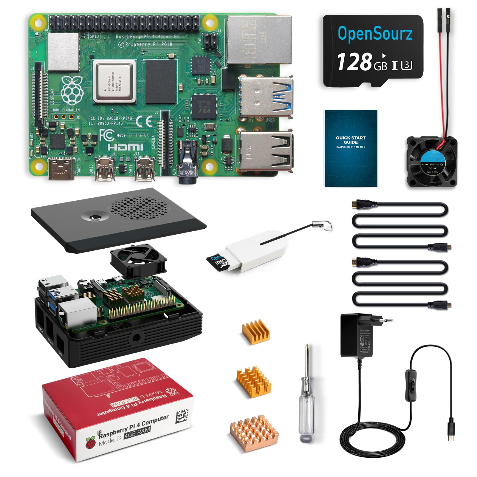 Kit Raspberry Pi 4B 8Go RAM Avec Carte SD 128Go - Boîtier, Ventilateur, Dissipateurs, Alimentation 5V/3A - Tout Inclus Pour Débuter