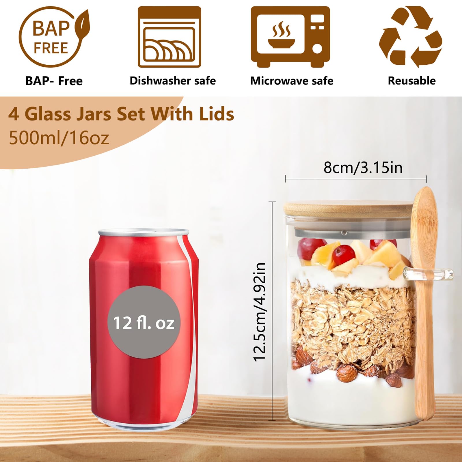 YBCPACK Overnight Oats - Juego de 4 tarros de cristal de 500 ml con tapa de bambú y cuchara, tarros de almacenamiento a prueba de fugas con anillo de silicona, vasos de cocina para cereales, yogur y