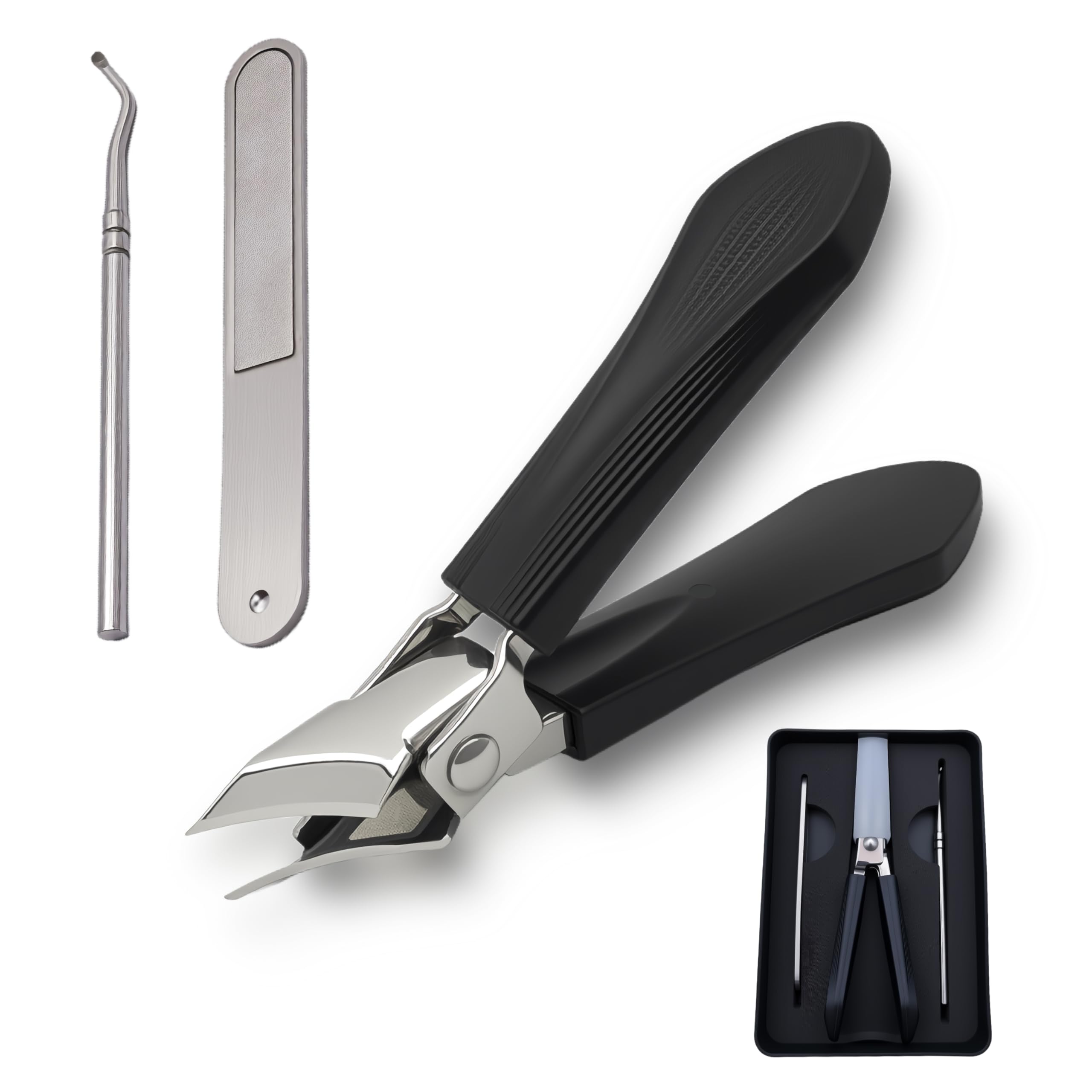 Eagle-Beak Slant Nail Clippers 3-Piece Set, Wide Mouth Design, Black
