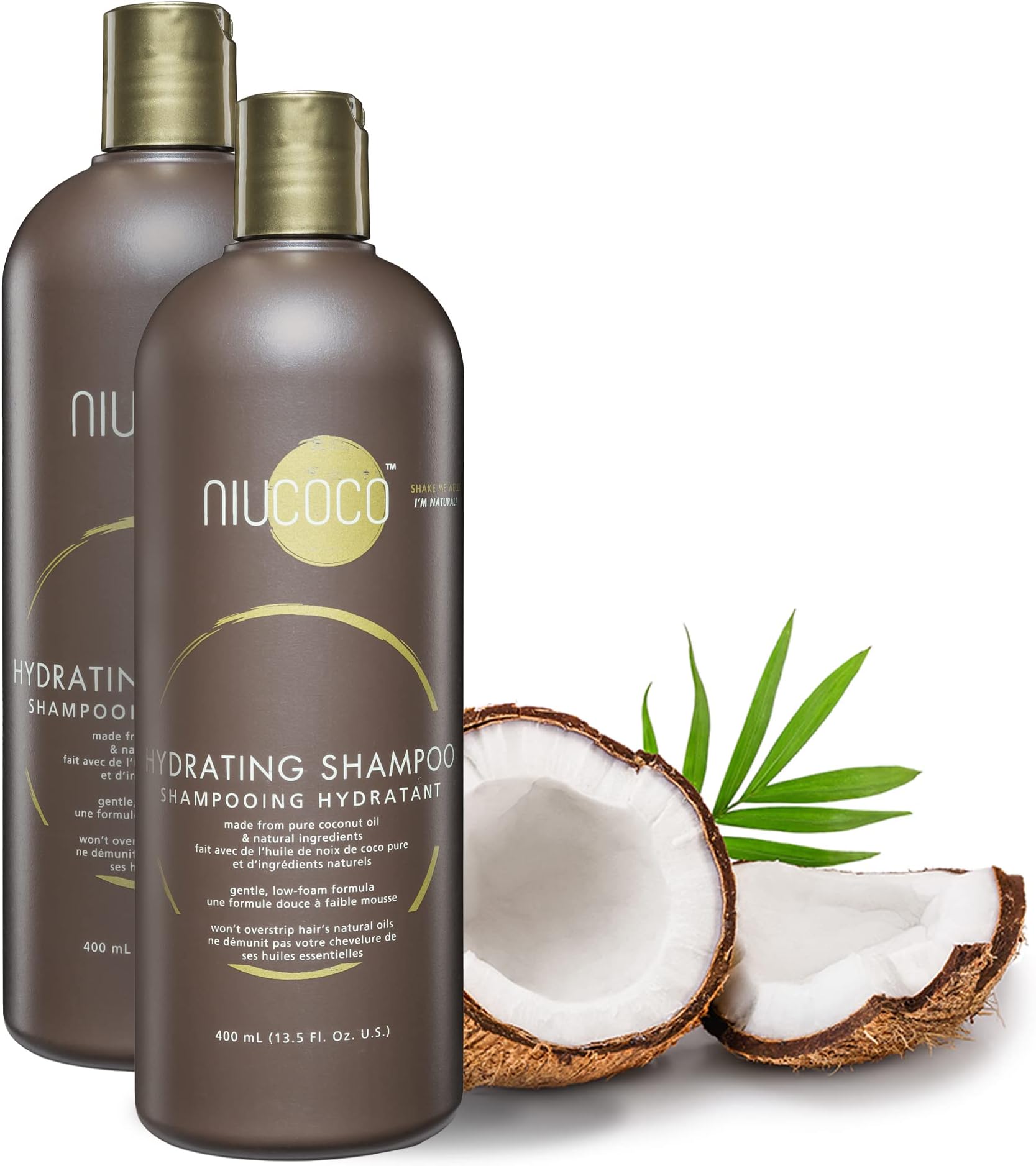 Natural Coconut Oil Hydrating Shampoo (400ml - 2 Pack) | Chemical Free Moisturizing Dandruff Formula for Dry, Damaged, Hair & Scalp | Safe on Color Treated Hair | Professional Salon Quality