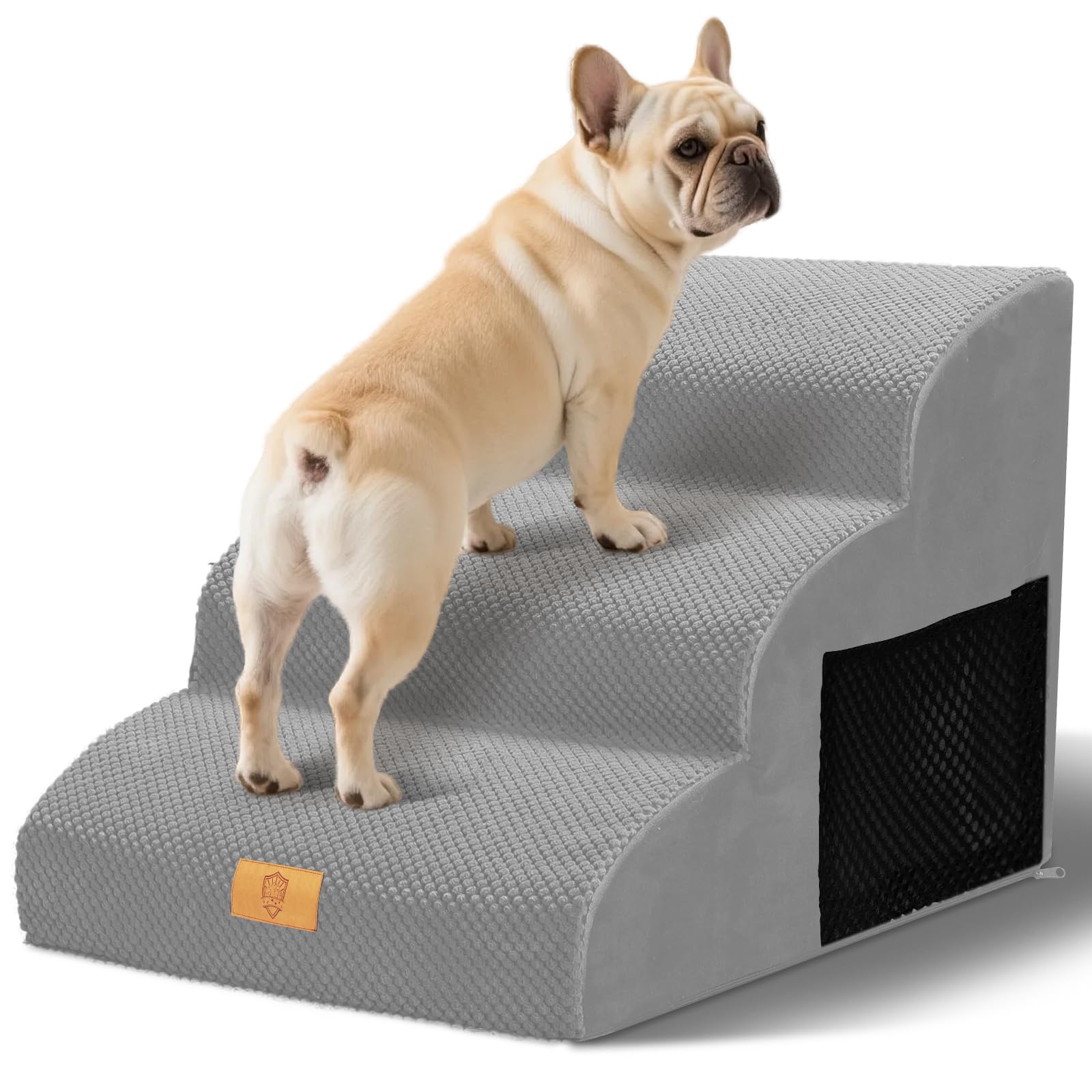 Thihome Hundetreppe für Kleine Hunde, 3 Stufen Haustiertreppe wasserdichte Katzentreppe, Abnehmbarer Schwamm Hunderampe mit Waschbar Bezug für Bett, 60x40x40cm