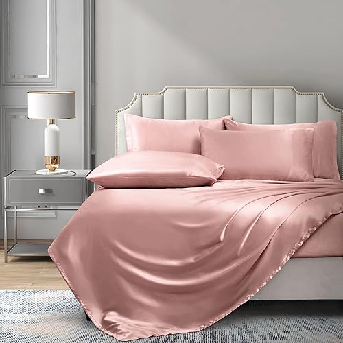 Miniatura 2 de P Pothuiny Juego de sábanas de satén tamaño matrimonial (6 piezas, champán), juego de sábanas de satén sedosas de lujo, juego de sábanas de satén