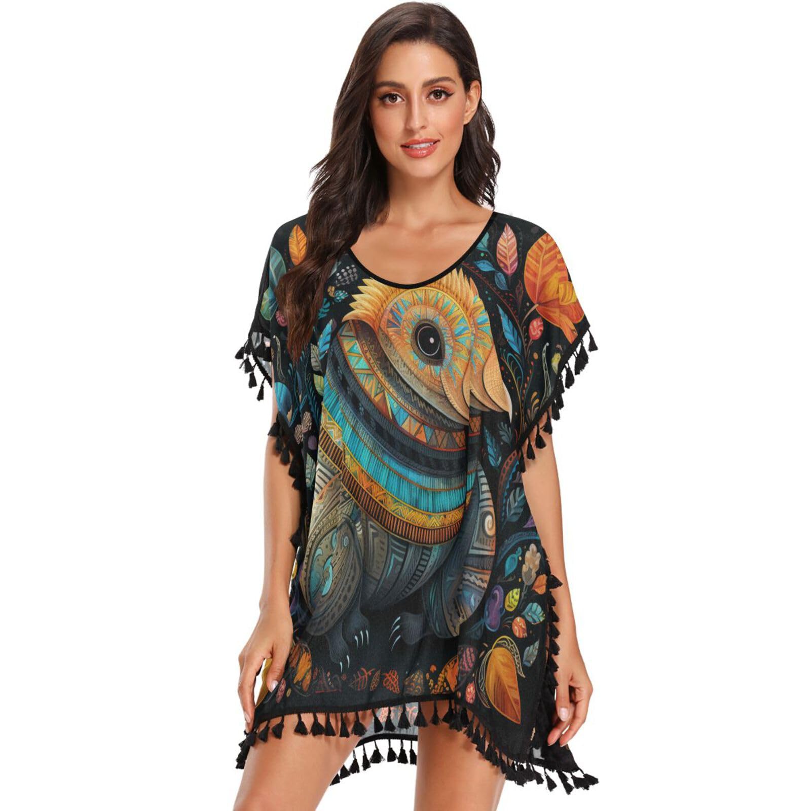KAAVIYO Colorful Armadillo Pangolin Women's Beach Cover Up Chiffon Tassel Swimwear Swimsuit Coverups for Girl