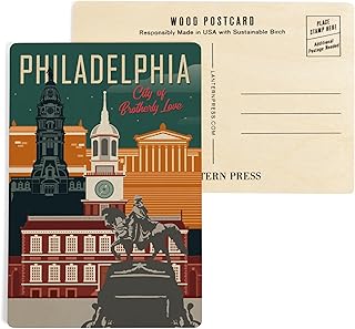 Philadelphia, Pennsylvania, City of Brotherly Love, Vector City (4x6 Birch Wood Postcards, 2-Pack Stationary, Rustic Home Wall Decor)