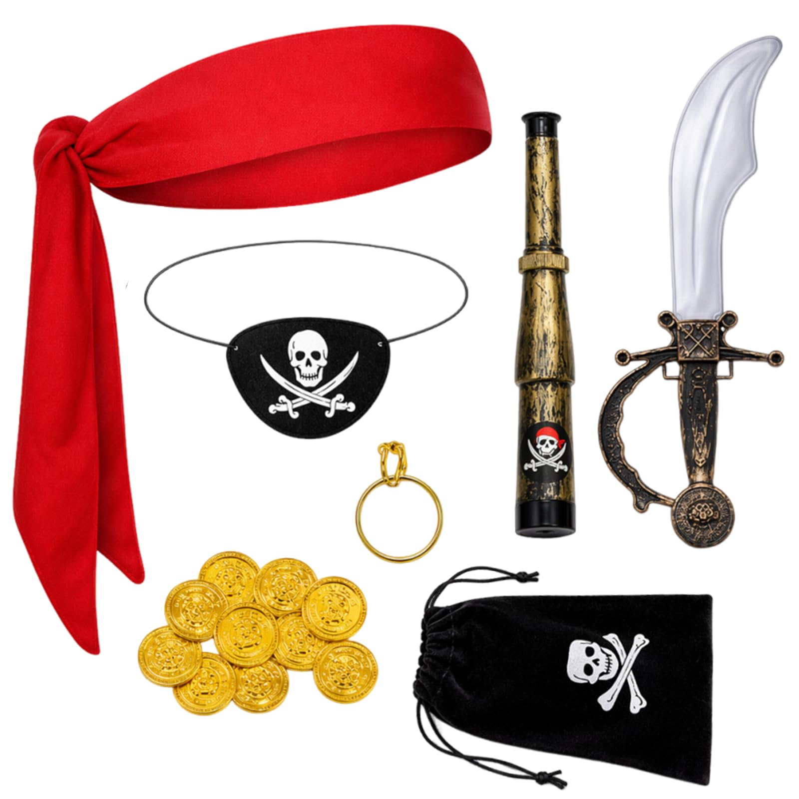 7 Pcs Pirate Accessories Kids, Pirate Bandana Sword Eye Patch Telescope